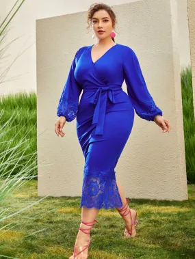 Women's Plus Lantern Sleeve Belted Dress