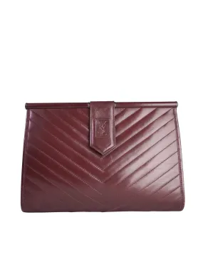 Yves Saint Laurent Vintage Burgundy Leather Chevron Quilted YSL Logo Large Clutch Bag